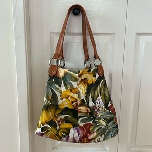Maurizio Taiuti Vibrant Floral Shoulder Bag with Brown Leather Accents